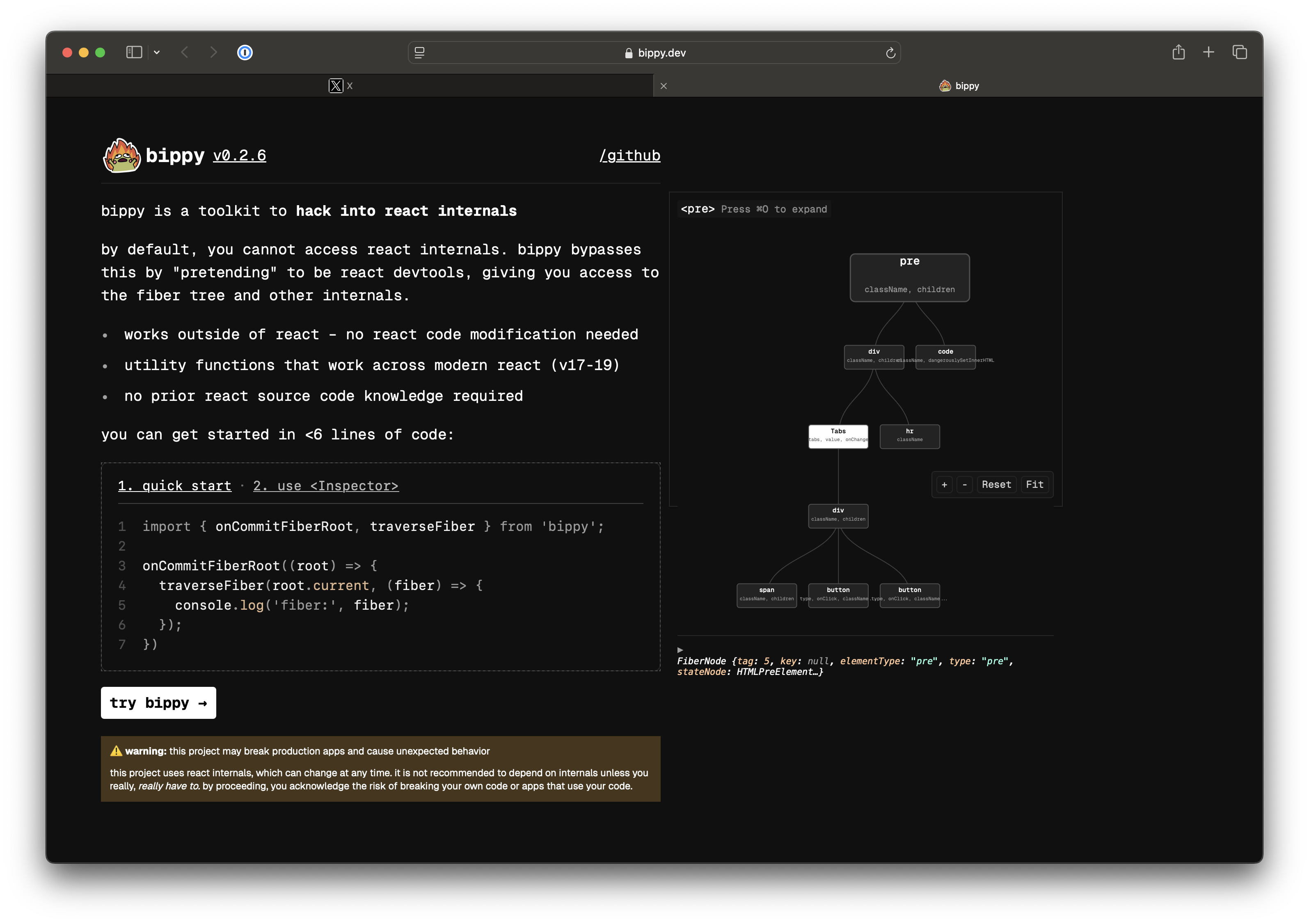 bippy.dev displaying a visualization of a React tree with a floating inspector